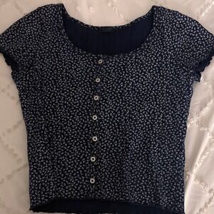 Brandy Melville Floral Button-Up Navy Top